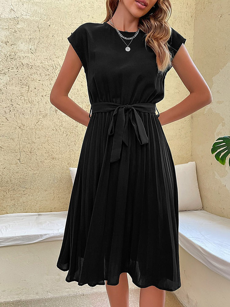 Women's Midi Dress - Pleated Skirt - Tie Waist - Short Sleeves - Round Neck Elegant Fit