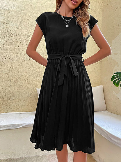 Women's Midi Dress - Pleated Skirt - Tie Waist - Short Sleeves - Round Neck Elegant Fit
