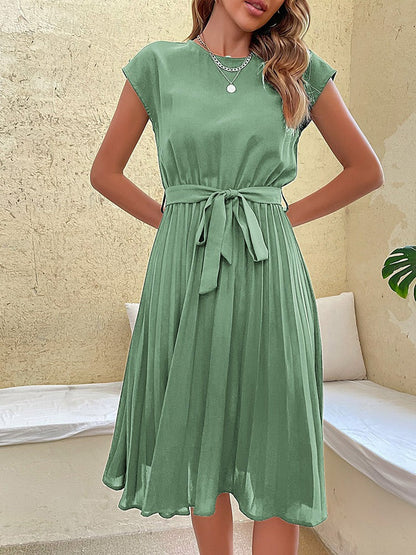 Women's Midi Dress - Pleated Skirt - Tie Waist - Short Sleeves - Round Neck Elegant Fit