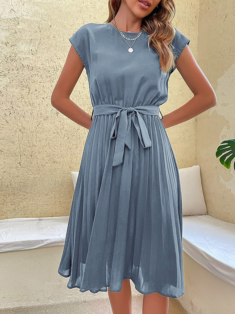 Women's Midi Dress - Pleated Skirt - Tie Waist - Short Sleeves - Round Neck Elegant Fit
