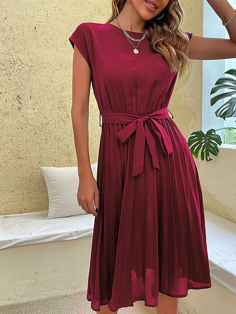 Women's Midi Dress - Pleated Skirt - Tie Waist - Short Sleeves - Round Neck Elegant Fit