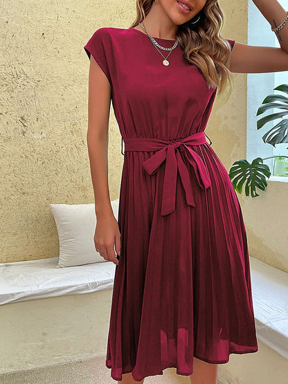 Women's Midi Dress - Pleated Skirt - Tie Waist - Short Sleeves - Round Neck Elegant Fit