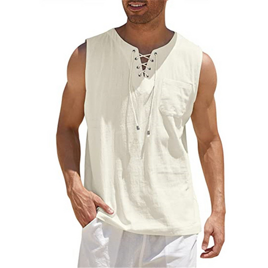 Men’s Sleeveless Shirt – Relaxed Fit – Breathable Blend – Lace-Up Front – Chest Pocket