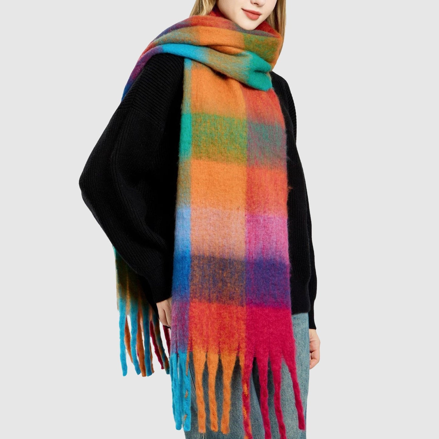 Amelia Oversized Scarf | Check Fringed Scarf
