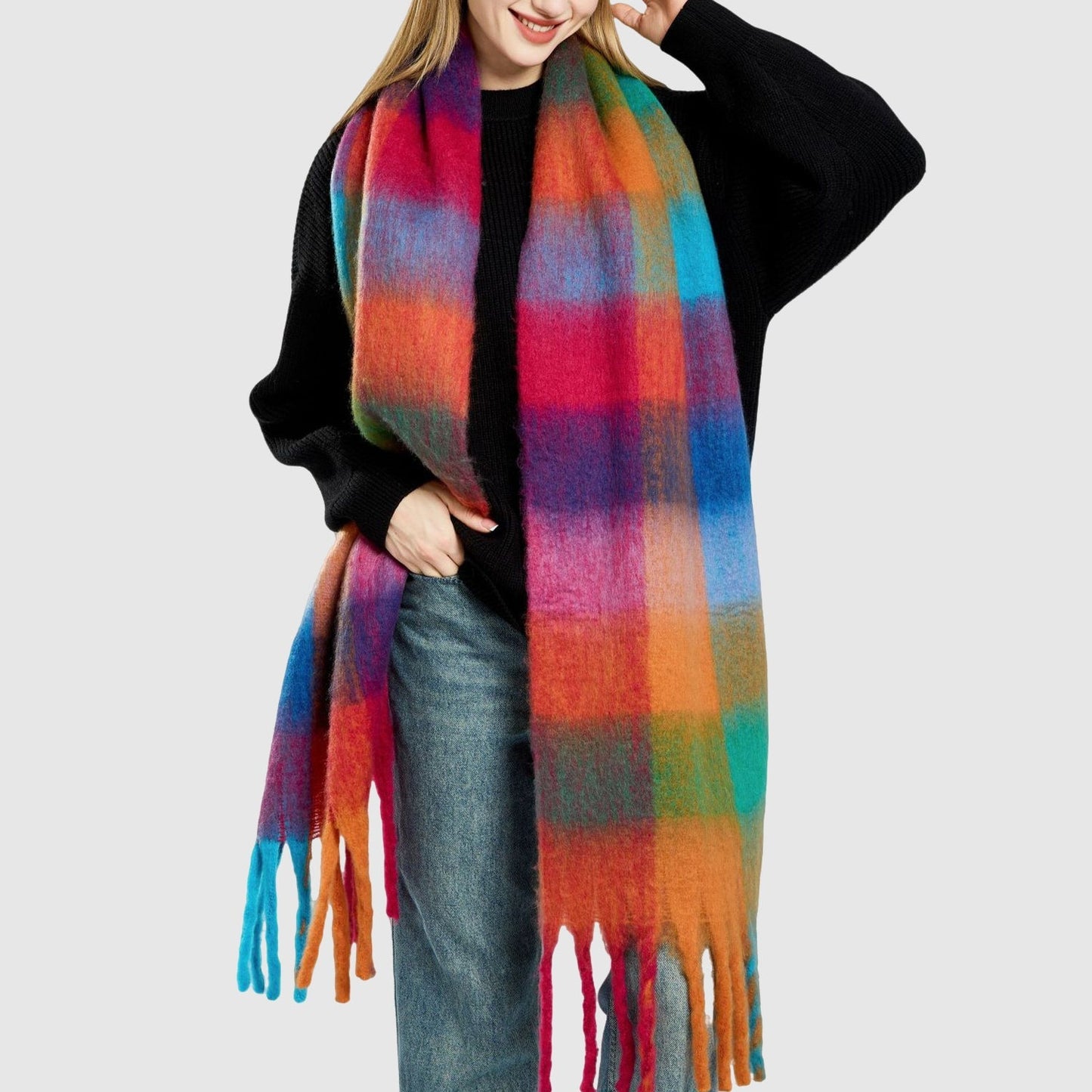 Amelia Oversized Scarf | Check Fringed Scarf