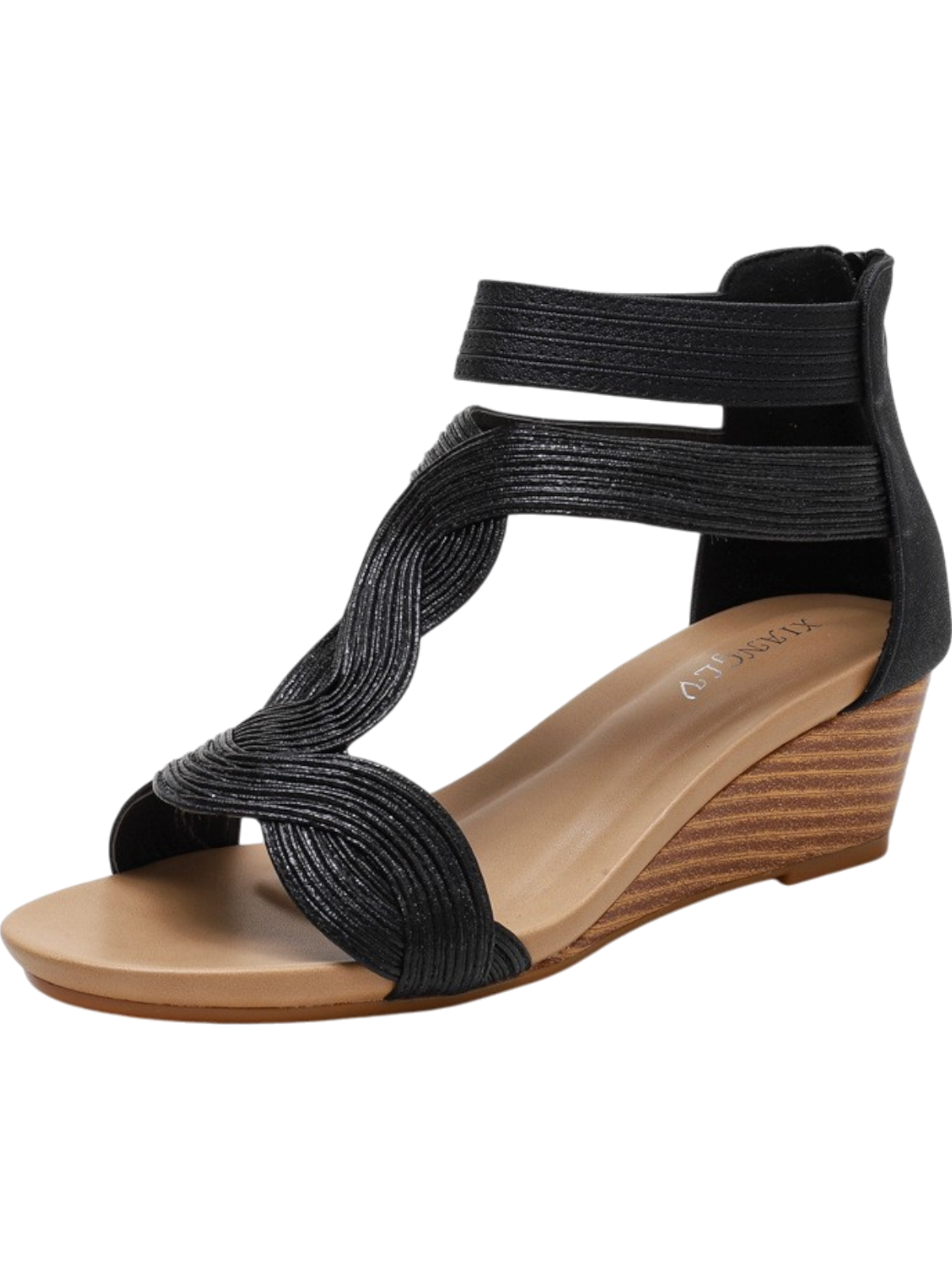 Women’s Wedge Sandals – Open Toe – Woven Straps – Back Zipper – Medium Heel