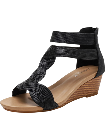 Women’s Wedge Sandals – Open Toe – Woven Straps – Back Zipper – Medium Heel