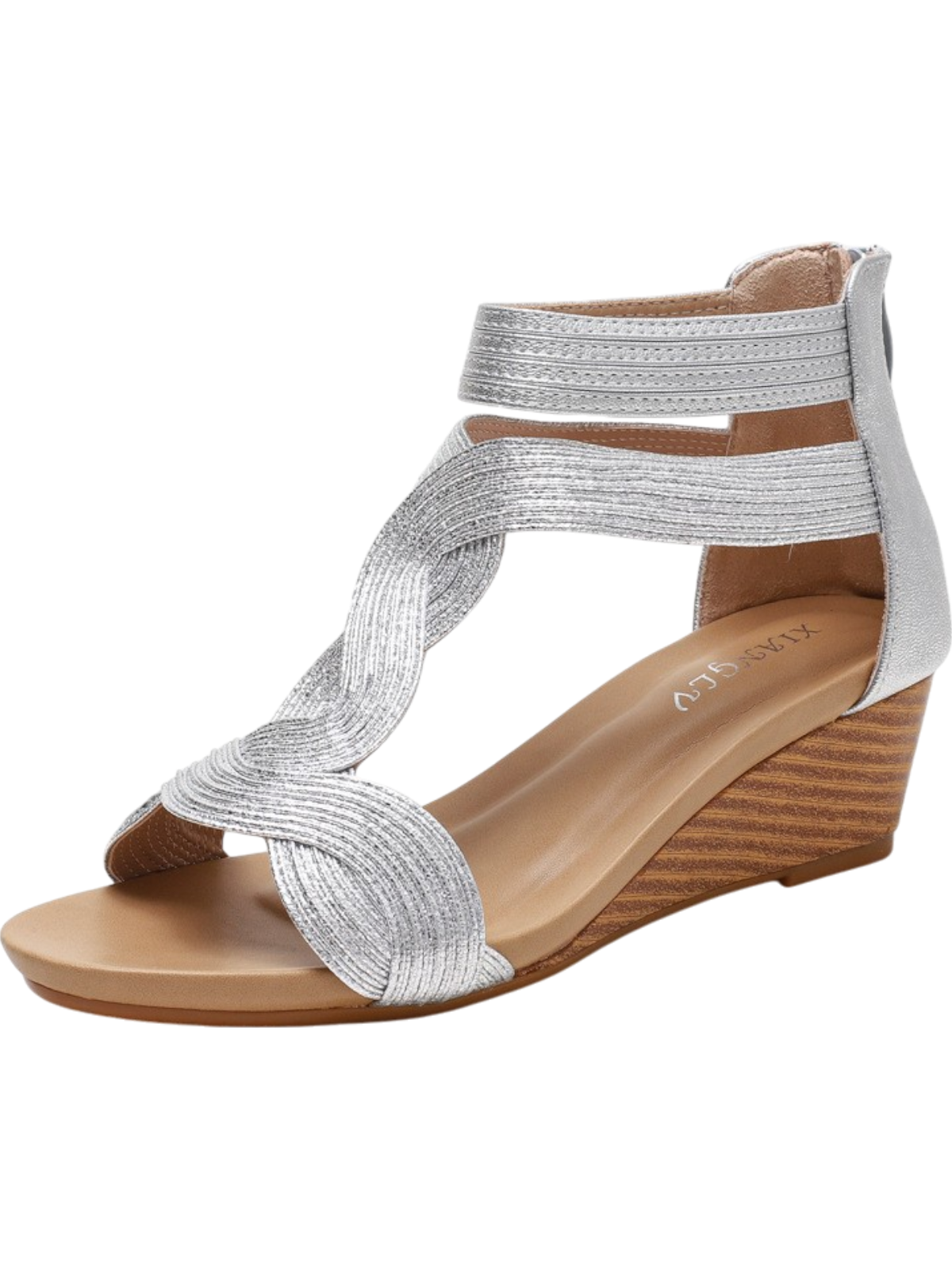 Women’s Wedge Sandals – Open Toe – Woven Straps – Back Zipper – Medium Heel