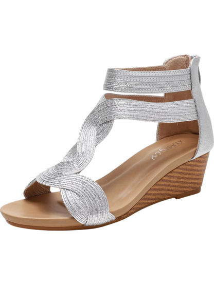 Women’s Wedge Sandals – Open Toe – Woven Straps – Back Zipper – Medium Heel