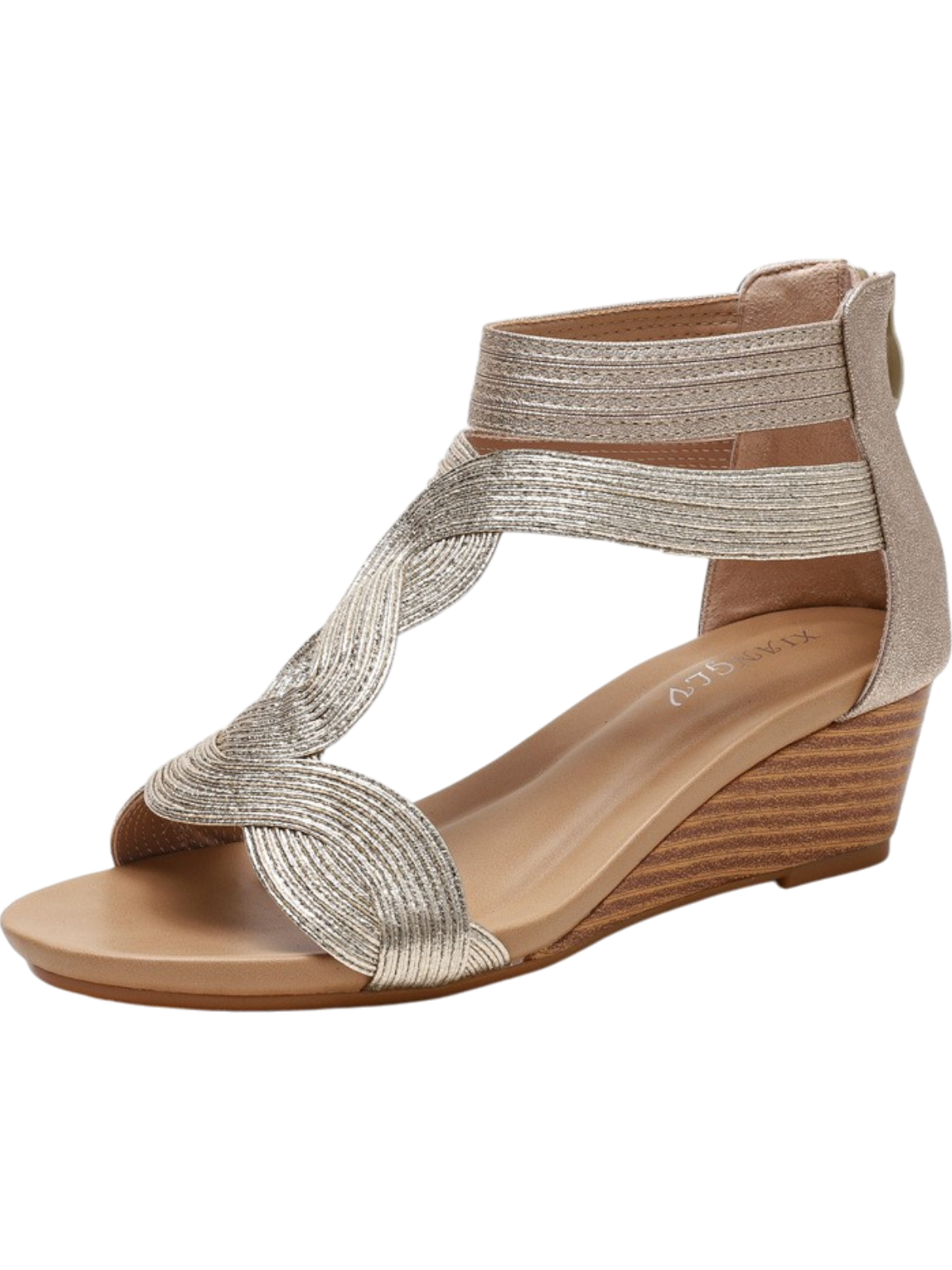 Women’s Wedge Sandals – Open Toe – Woven Straps – Back Zipper – Medium Heel