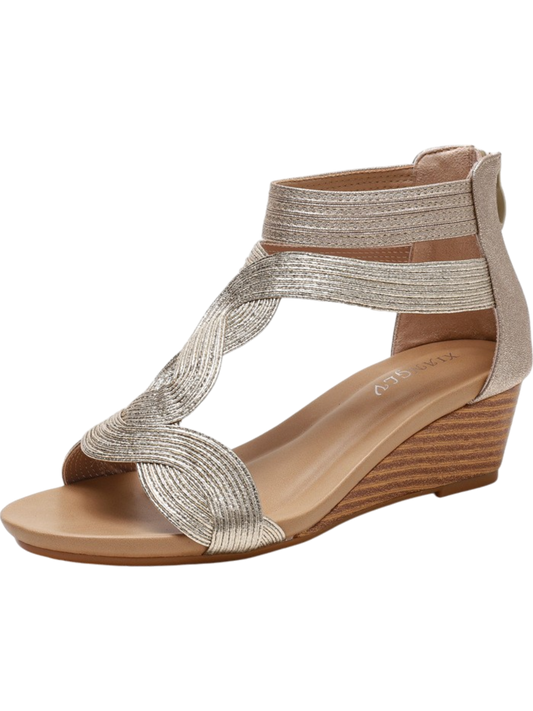 Women’s Wedge Sandals – Open Toe – Woven Straps – Back Zipper – Medium Heel