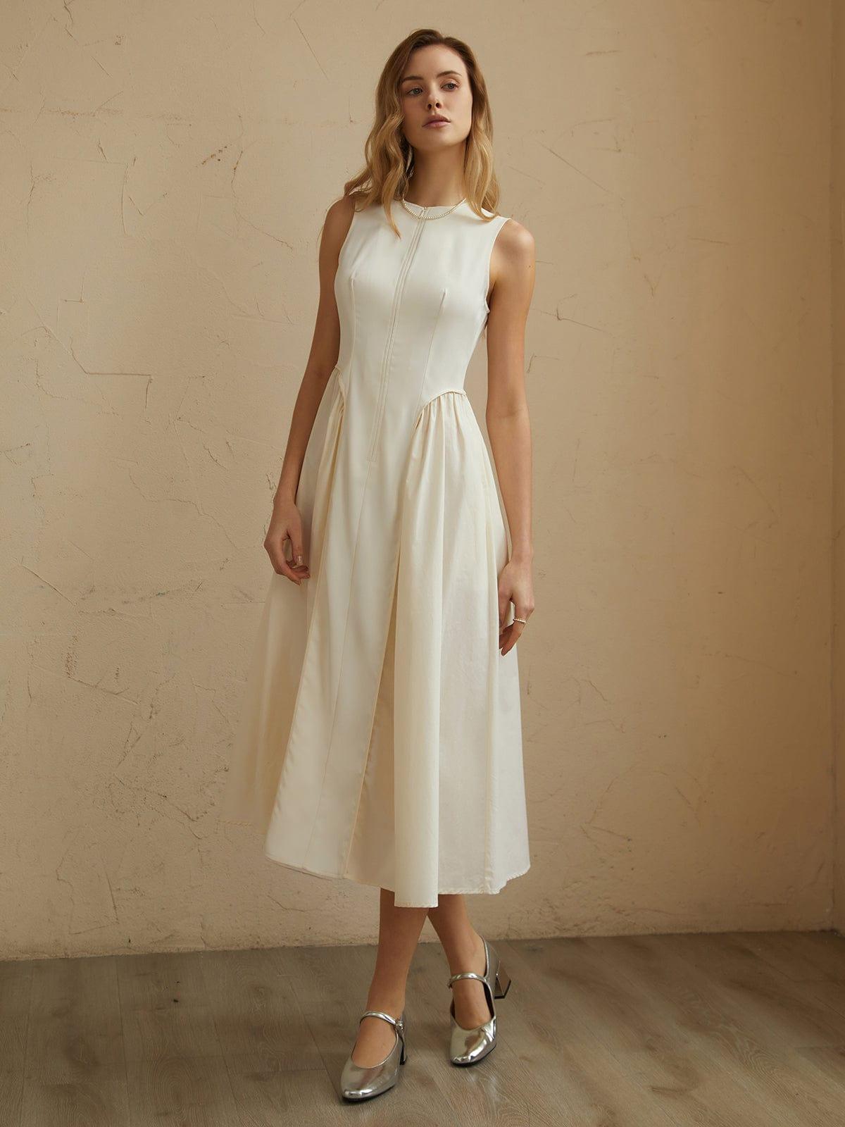 Women's Midi Dress - Sleeveless Fit-and-Flare - Pleated Skirt - Round Neck Elegant Wear