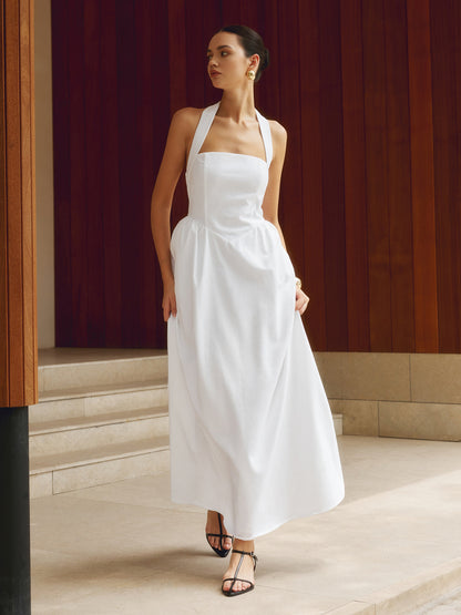 Women’s Maxi Dress – Halter Neck – A-Line Fit – Lightweight Cotton Blend – Full Length