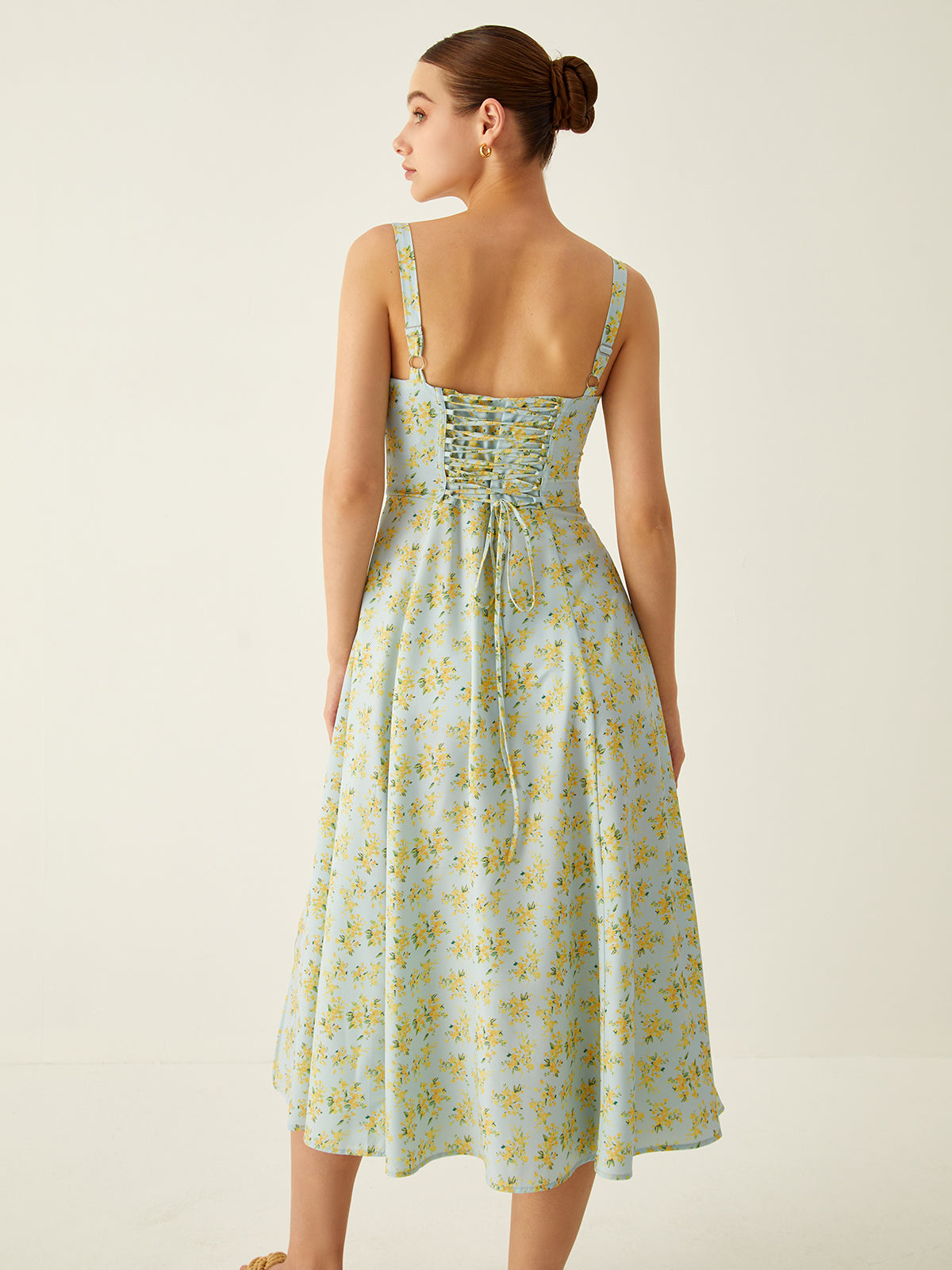 Women's Midi Sundress - A-Line Fit - Square Neck - Smocked Bust - Wide Straps