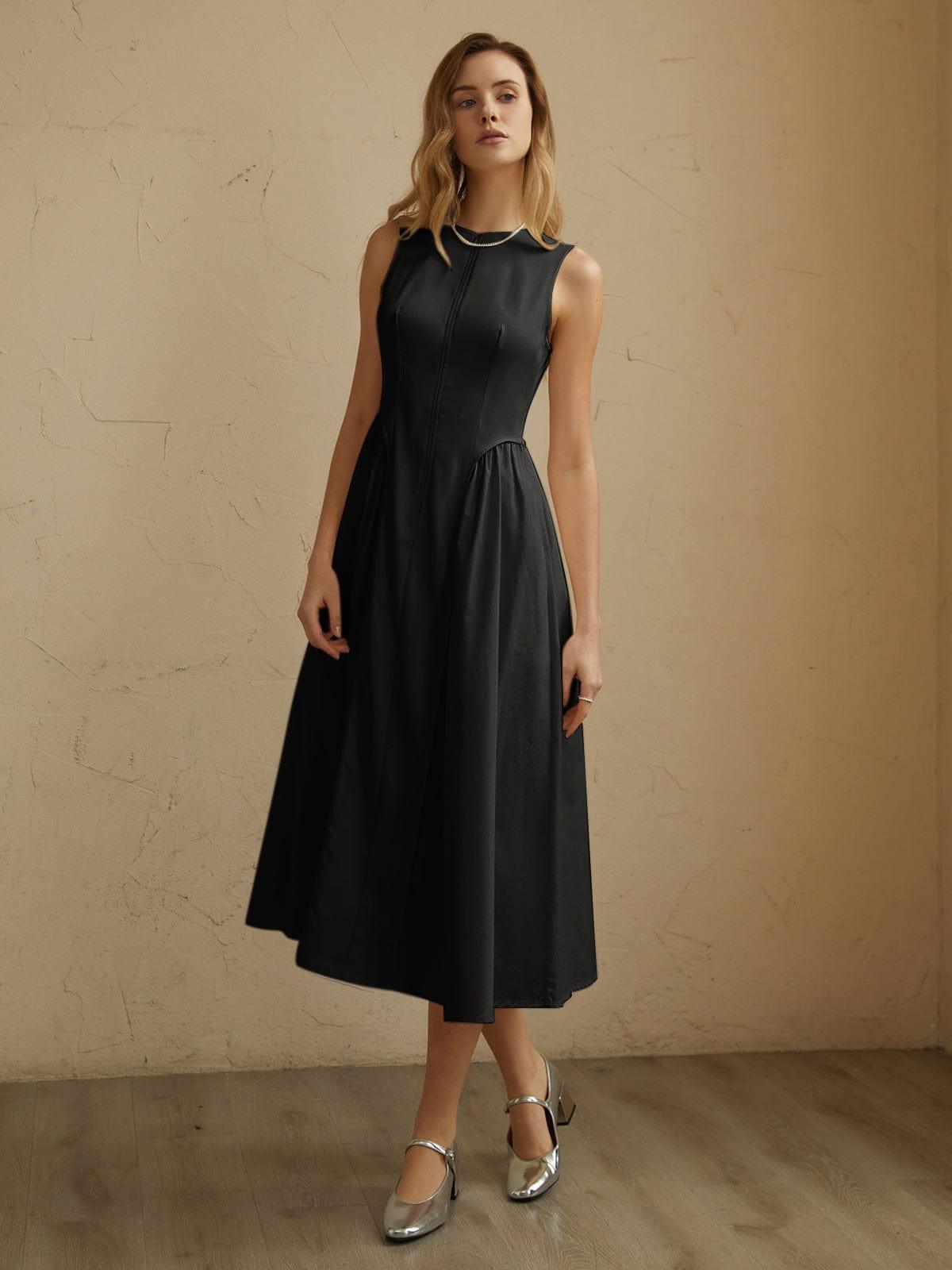 Women's Midi Dress - Sleeveless Fit-and-Flare - Pleated Skirt - Round Neck Elegant Wear