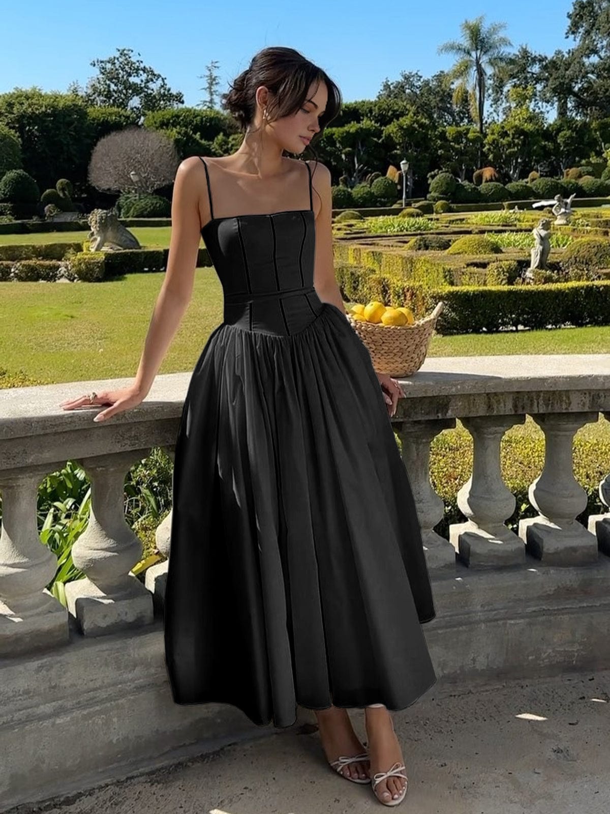 Women’s Long Dress – Satin Feel – Structured Bodice – A-Line Fit – Spaghetti Straps