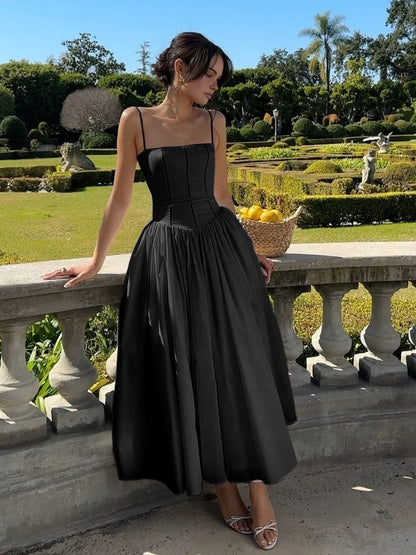 Women’s Long Dress – Satin Feel – Structured Bodice – A-Line Fit – Spaghetti Straps