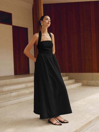 Women’s Maxi Dress – Halter Neck – A-Line Fit – Lightweight Cotton Blend – Full Length