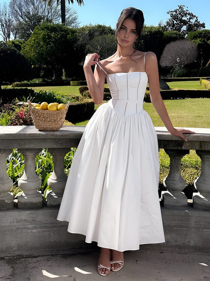 Women’s Long Dress – Satin Feel – Structured Bodice – A-Line Fit – Spaghetti Straps