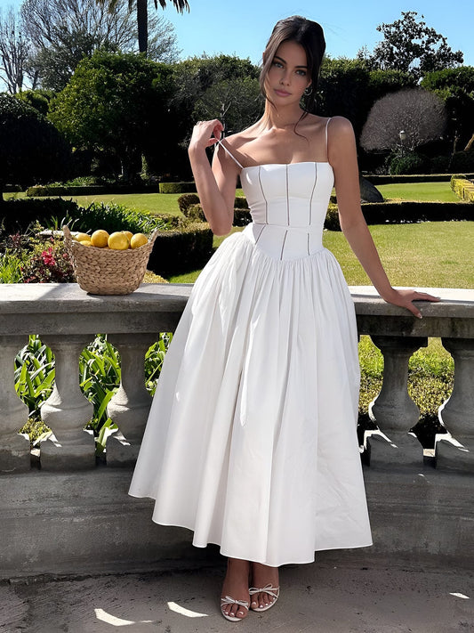 Women’s Long Dress – Satin Feel – Structured Bodice – A-Line Fit – Spaghetti Straps