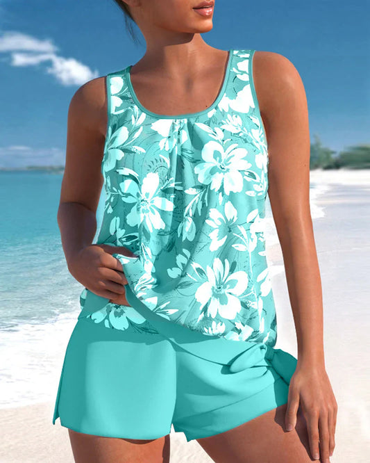 Women’s Tankini Set – Relaxed Fit – Breathable Blend – Flowy Top with Mid-Thigh Shorts