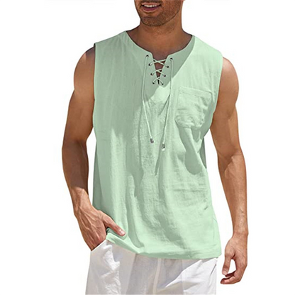 Men’s Sleeveless Shirt – Relaxed Fit – Breathable Blend – Lace-Up Front – Chest Pocket