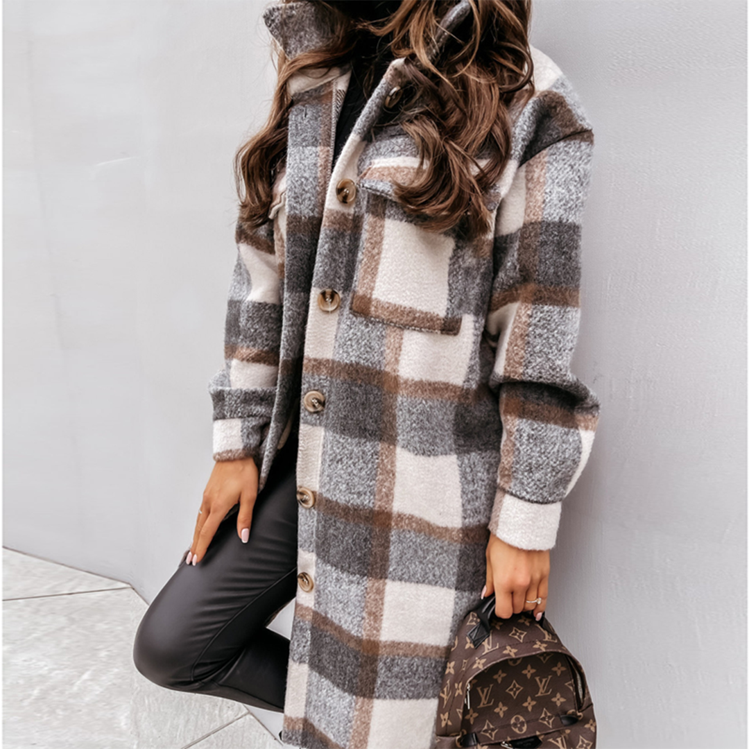 Women’s Long Coat – Wool Blend – Oversized Fit – Checkered – Button Front – Flap Pockets
