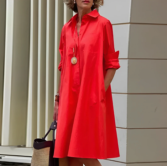 Women's Shirtdress - Relaxed Fit - Button Down - Collared Neckline - Knee Length