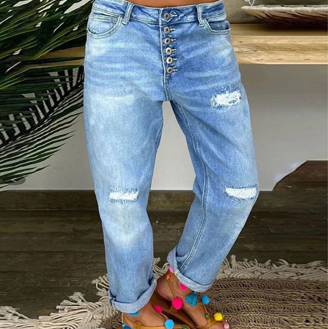 Bohemian Button-Fly Distressed Jeans for women