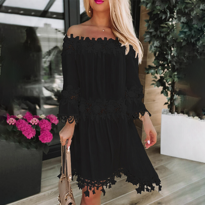 Women's Off-Shoulder Dress - Lace Trim - A-Line - 3/4 Sleeve Lightweight Flowy Fit