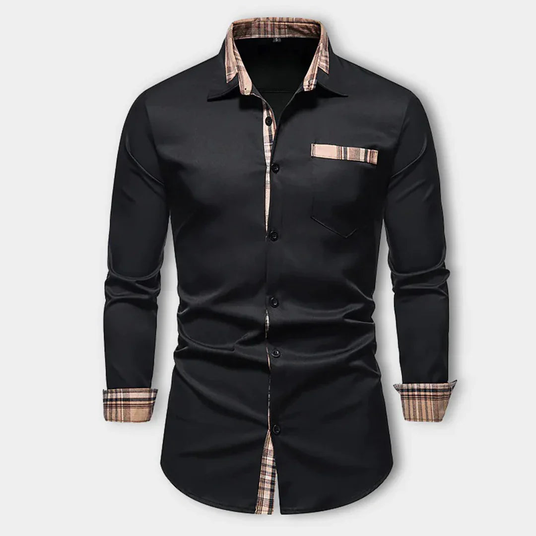 Men’s Long Sleeve Shirt – Slim Fit – Breathable Fabric – Contrast Plaid Detail