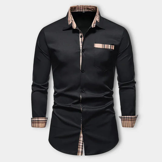 Men’s Long Sleeve Shirt – Slim Fit – Breathable Fabric – Contrast Plaid Detail