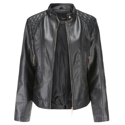 Women’s Leather Jacket – Slim Fit – Quilted Shoulders – Stand Collar – Zippered Pockets
