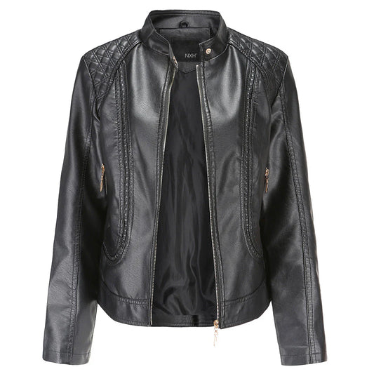 Women’s Leather Jacket – Slim Fit – Quilted Shoulders – Stand Collar – Zippered Pockets