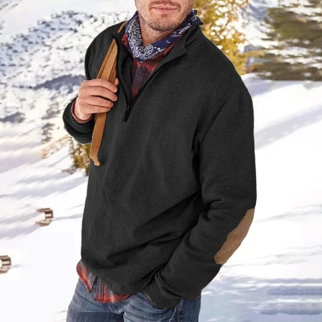 Men’s Sweater – Relaxed Fit – Soft Knit – Half Zip – Elbow Patch – Ribbed Hem