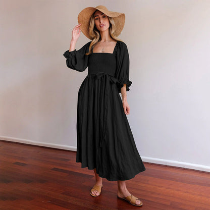 Women's Midi Dress - Square Neck - Puff Sleeves - Smocked Back - Flowy Lightweight Fabric