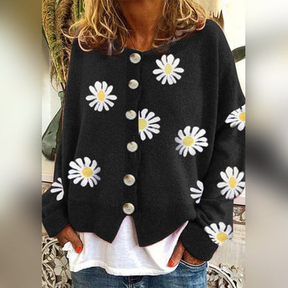 Women’s Cardigan – Oversized Fit – Soft Knit – Daisy Print – Ribbed Trim – Button Front