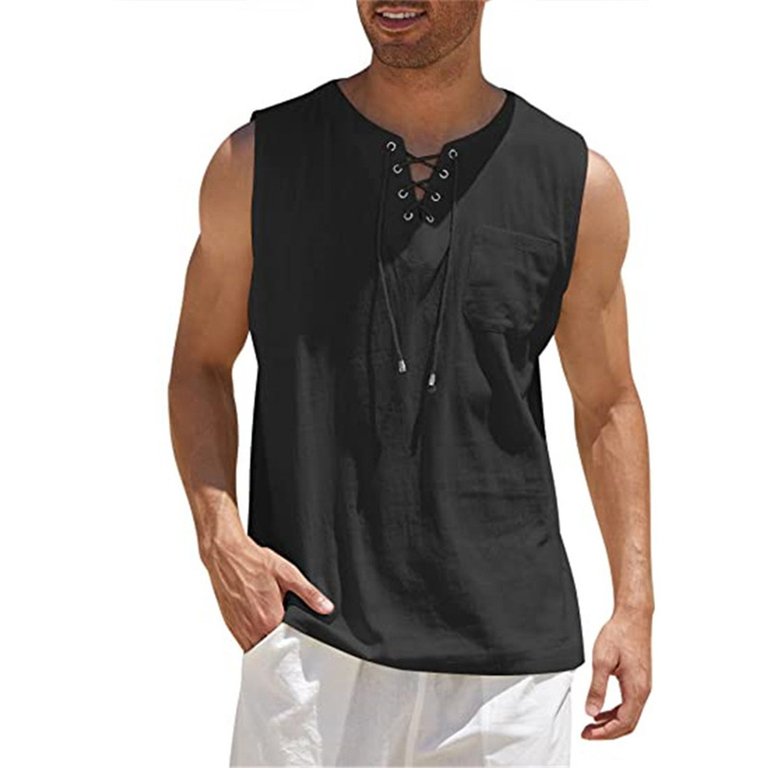 Men’s Sleeveless Shirt – Relaxed Fit – Breathable Blend – Lace-Up Front – Chest Pocket
