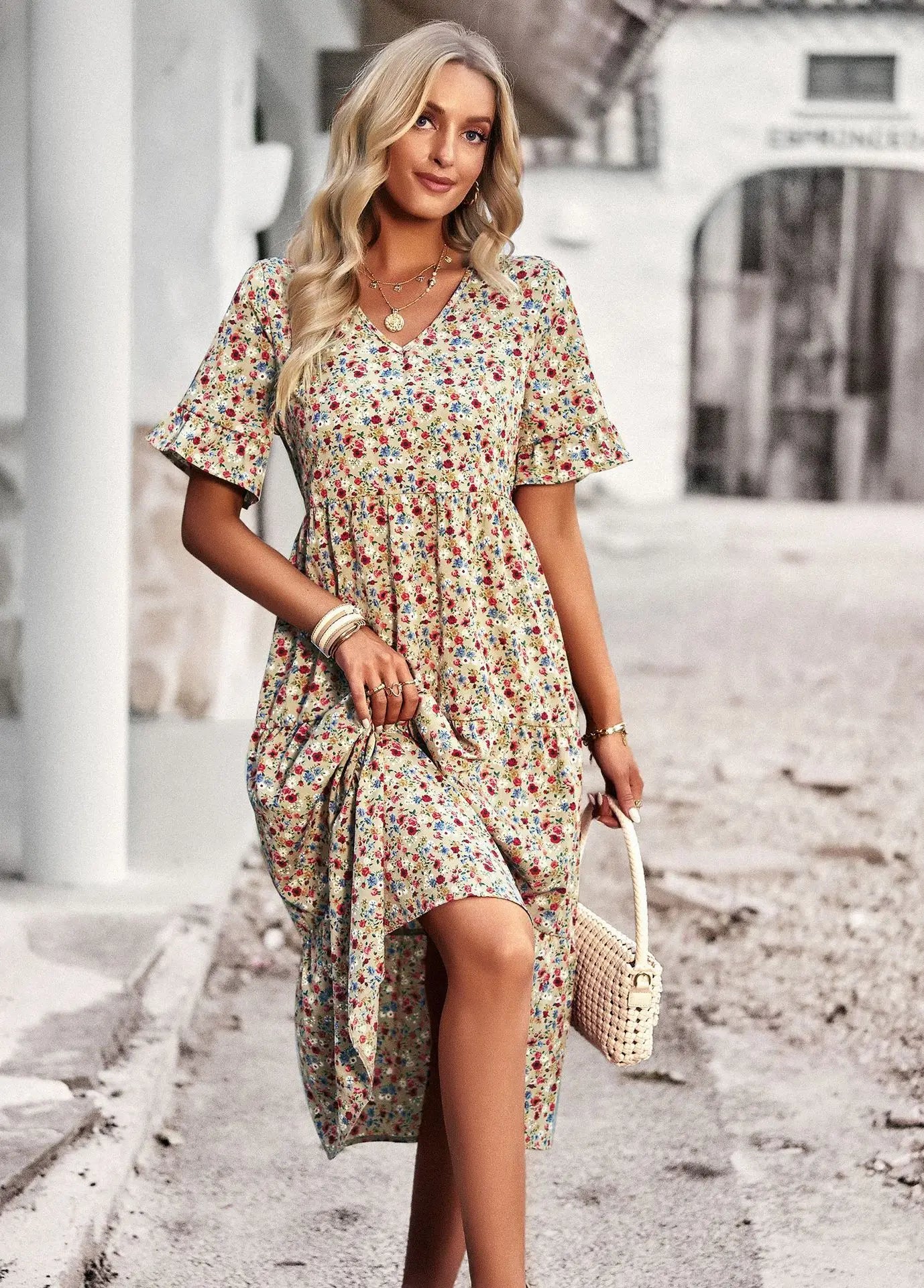 Women's Midi Dress - Floral Print - V-Neck - Short Ruffle Sleeves - Flowing Fit