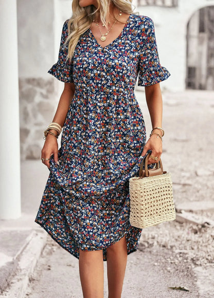 Women's Midi Dress - Floral Print - V-Neck - Short Ruffle Sleeves - Flowing Fit