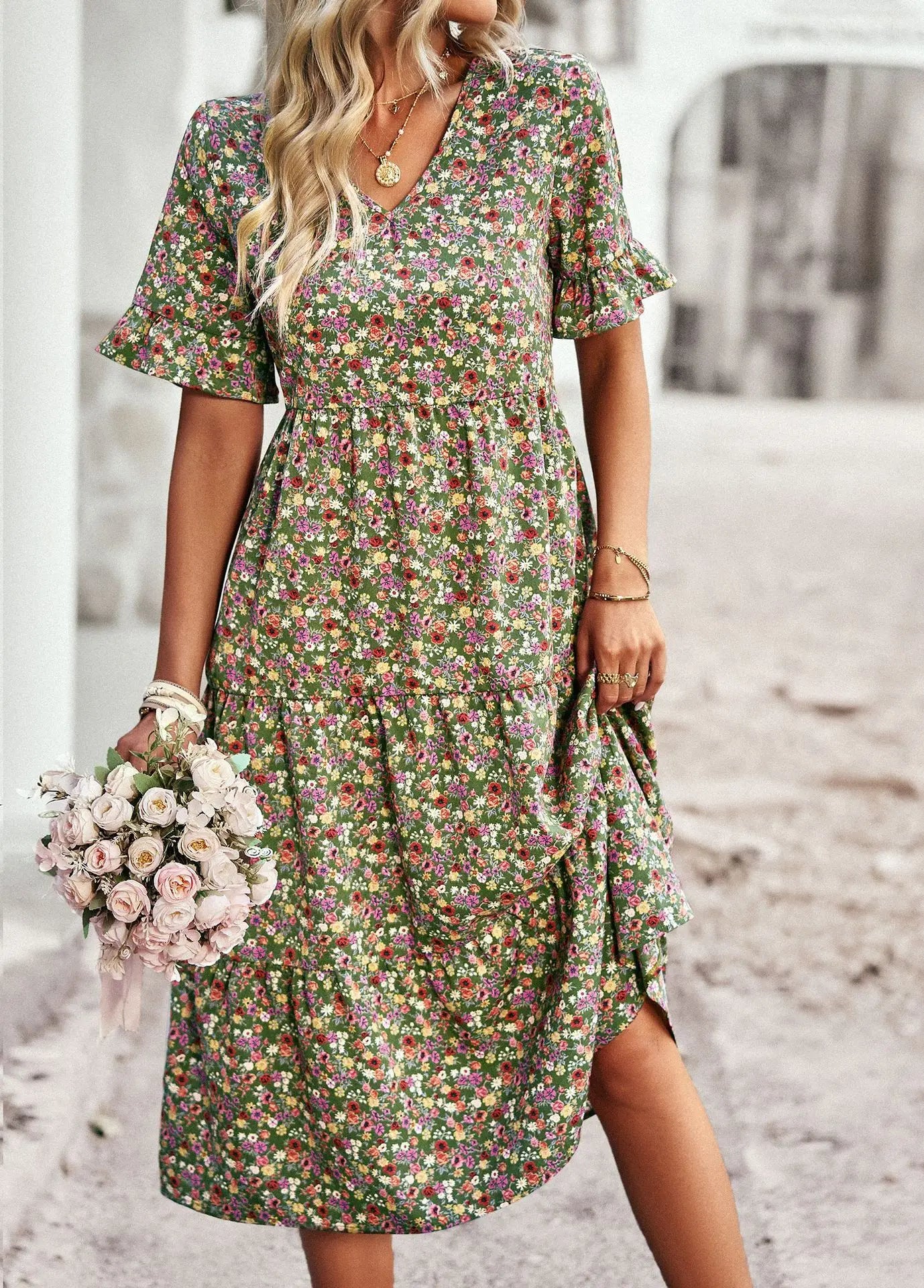 Women's Midi Dress - Floral Print - V-Neck - Short Ruffle Sleeves - Flowing Fit