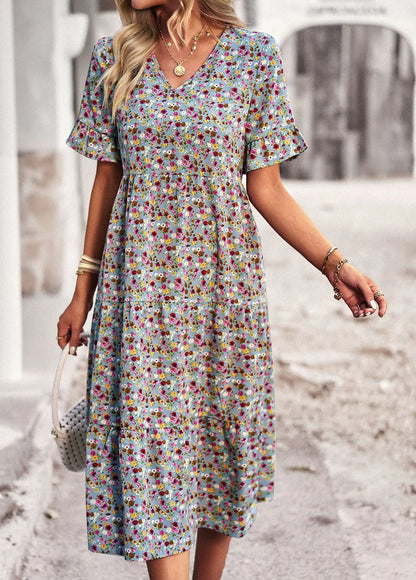 Women's Midi Dress - Floral Print - V-Neck - Short Ruffle Sleeves - Flowing Fit