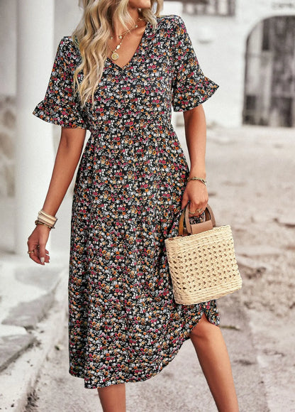 Women's Midi Dress - Floral Print - V-Neck - Short Ruffle Sleeves - Flowing Fit
