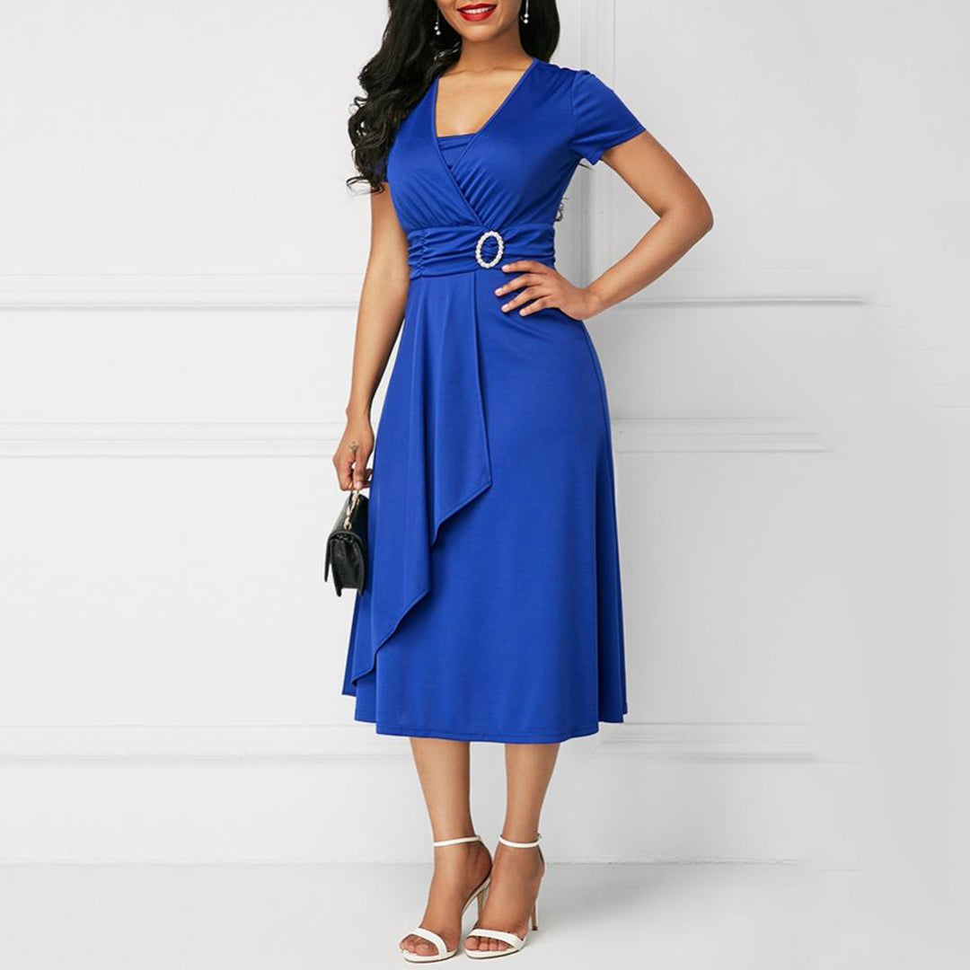 Women's Midi Dress - Wrap V-Neck - Short Sleeve A-Line - Belted Waist Elegant Fit