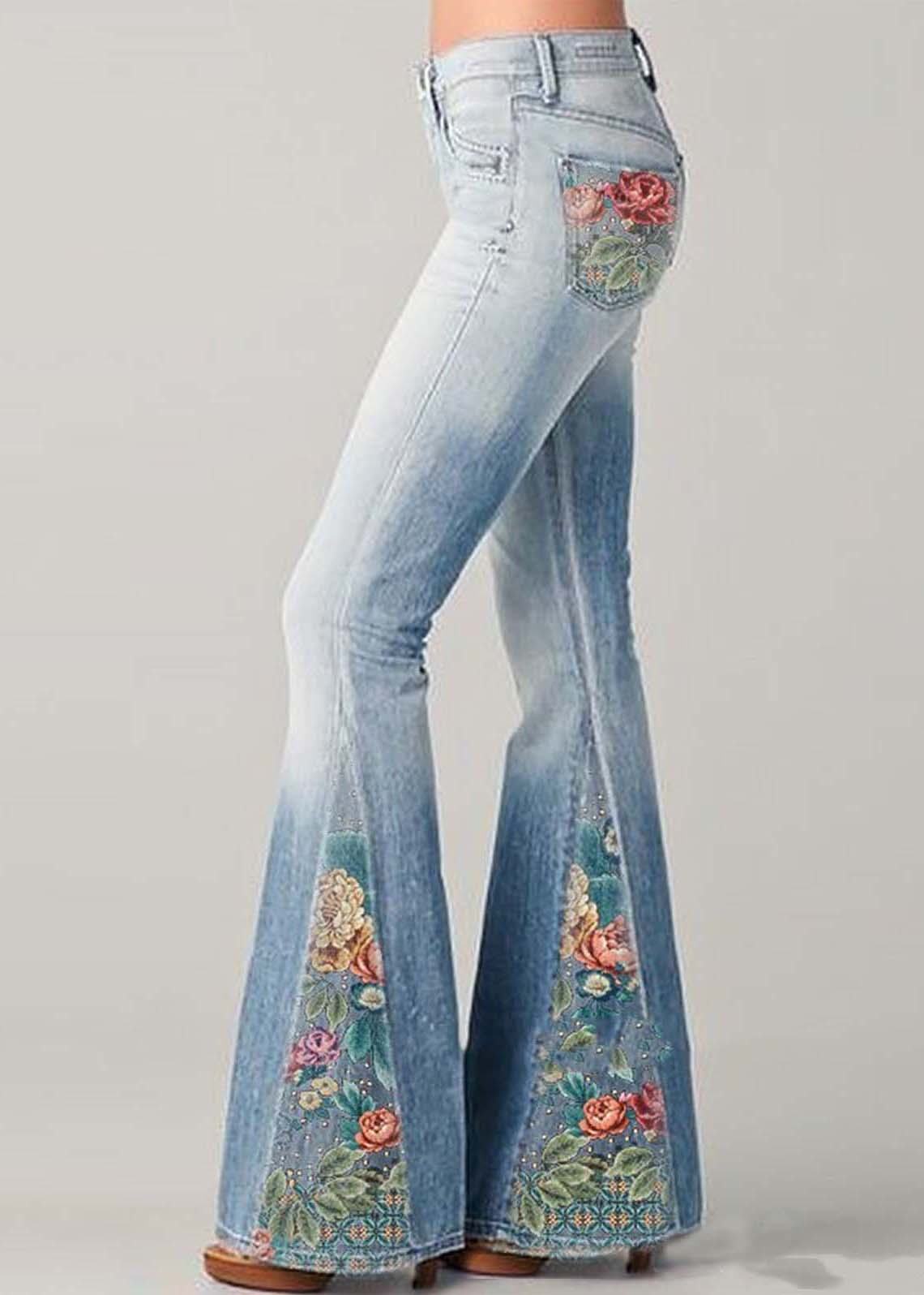 Women’s Flare Jeans – High Waist – Floral Patchwork – Retro Bohemian Style – Full Length