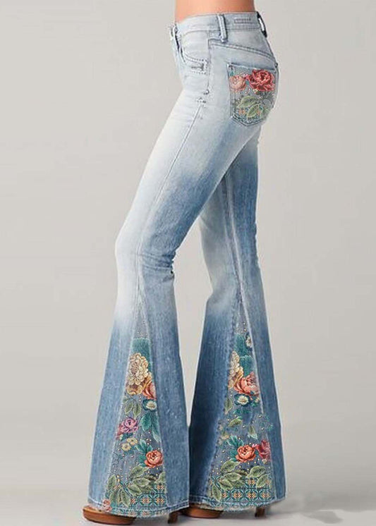 Women’s Flare Jeans – High Waist – Floral Patchwork – Retro Bohemian Style – Full Length