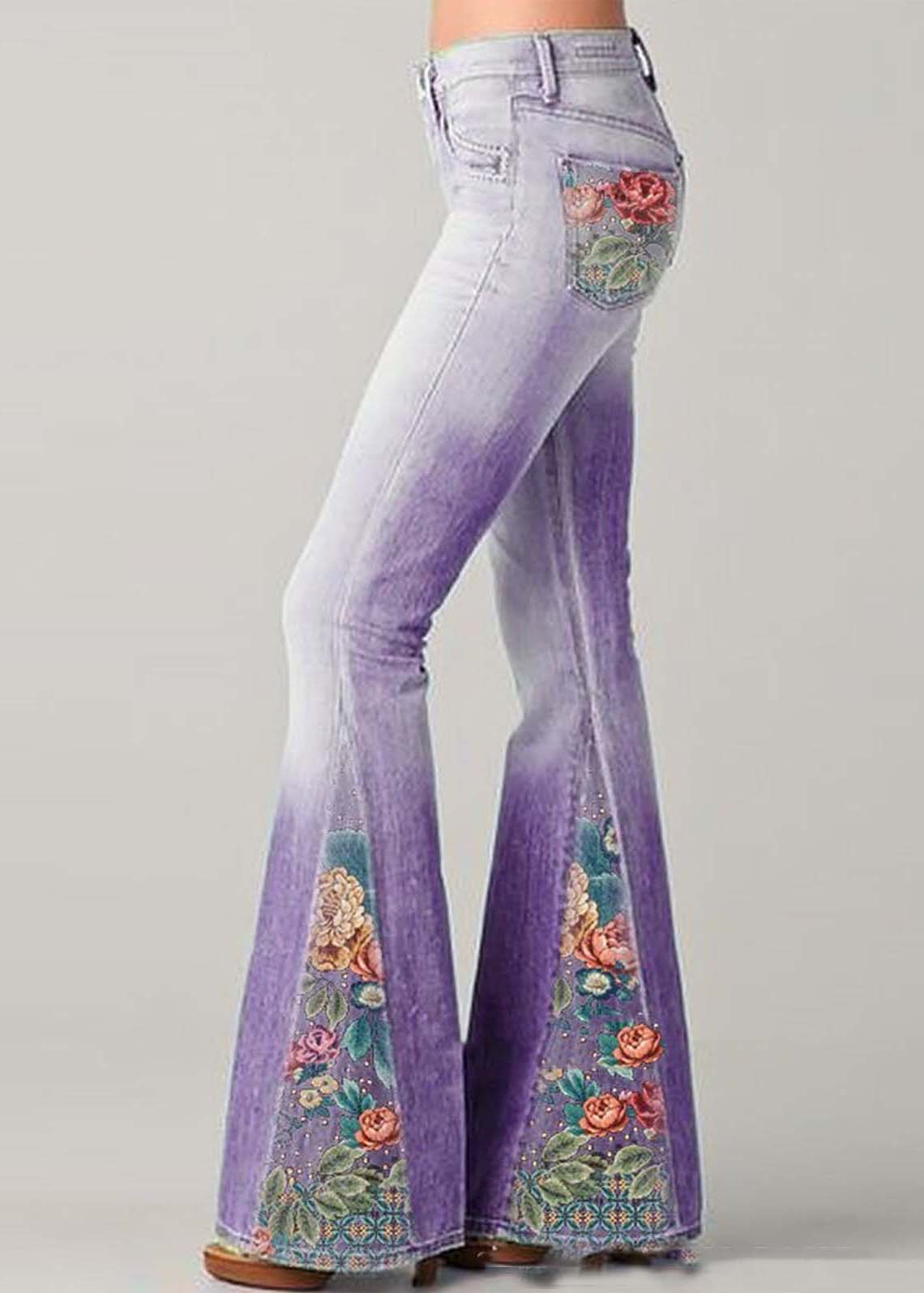 Women’s Flare Jeans – High Waist – Floral Patchwork – Retro Bohemian Style – Full Length