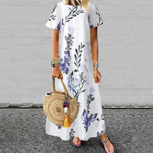 Women’s Maxi Dress – Relaxed Fit – Natural Fibers – Short Sleeve – Floral Print