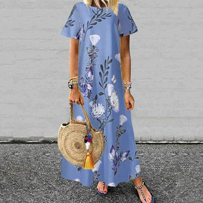 Women’s Maxi Dress – Relaxed Fit – Natural Fibers – Short Sleeve – Floral Print