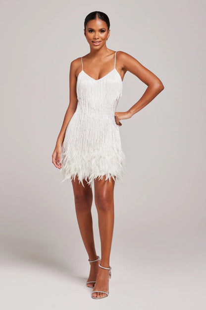 Isabella Sheath Mini Dress | Beaded Fringe Feather Trim Mini Dress